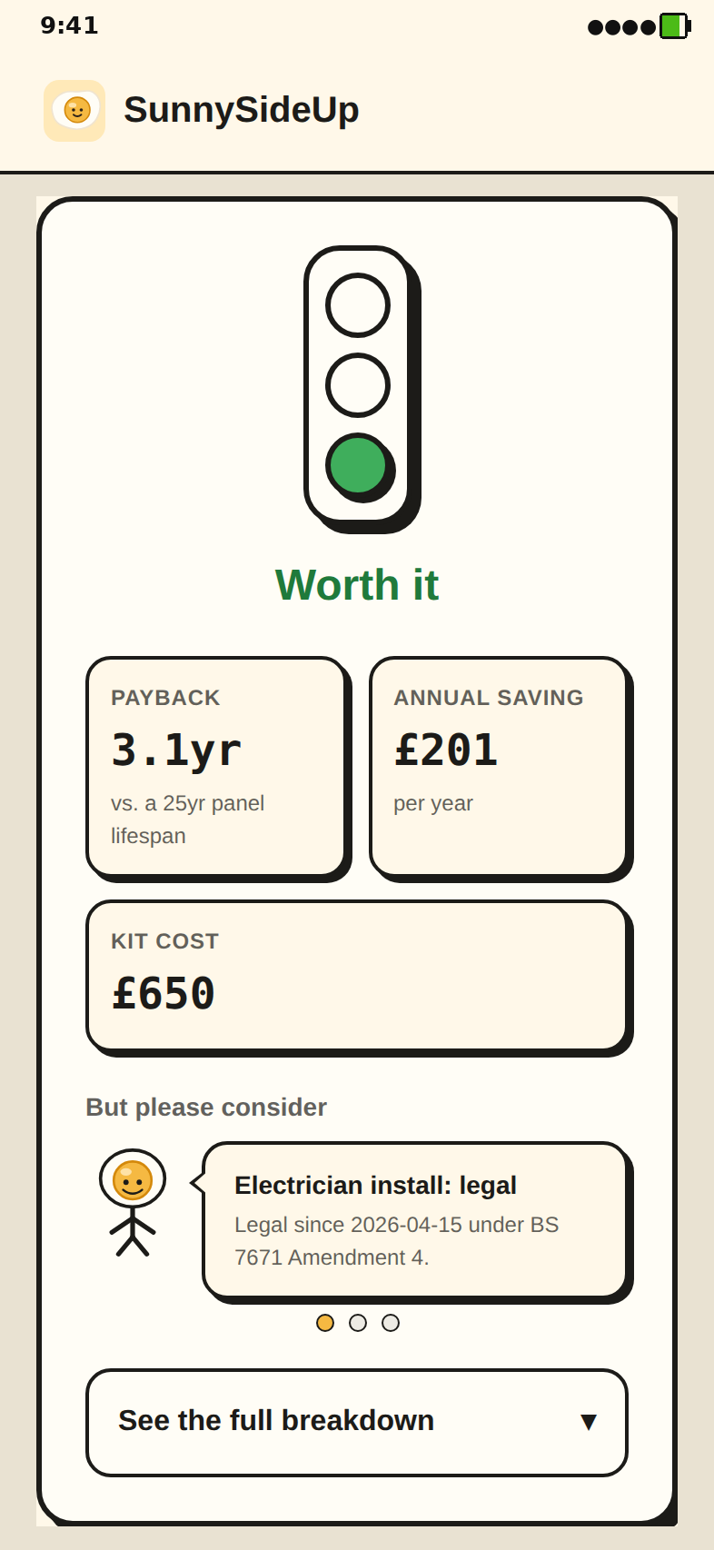 SunnySideUp result screen showing a Worth it viability verdict for plug-in solar, with payback period, annual saving, kit cost, and a legal-install flag